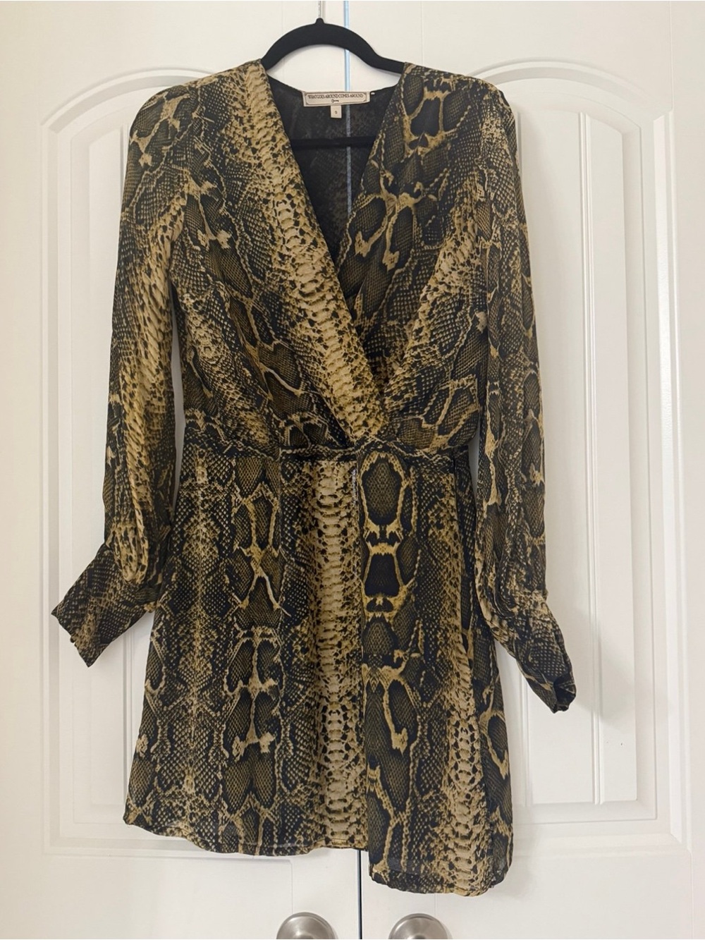 What Goes Around Comes Around Snake Print Wrap Dress in Olive and Black